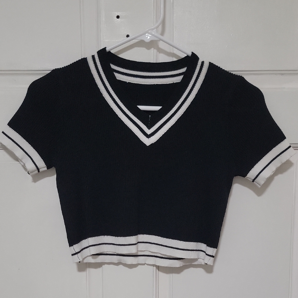 Like New Soft V-Neck Cropped Sweater Short Sleeves Top Limited Edition